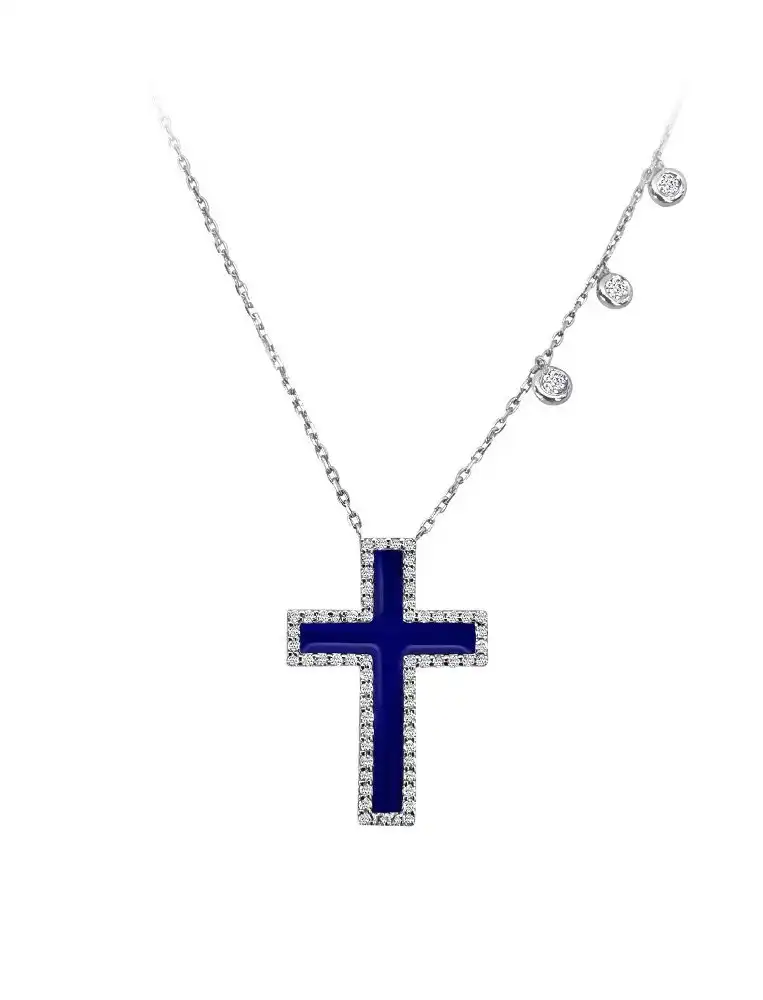 Diamond And Blue Enamel Cross Necklace