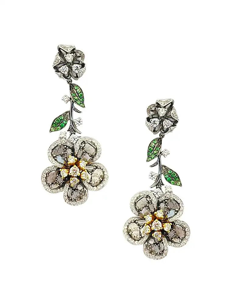 Floral Garnet And Diamond Drop Earrings