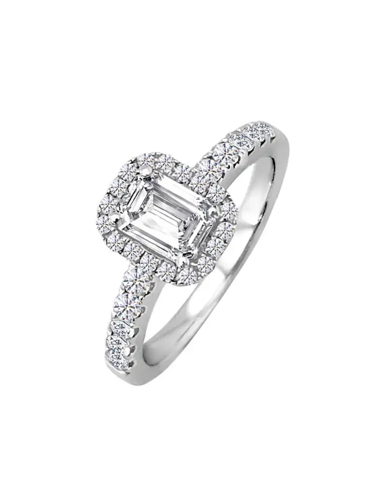 Emerald cut diamond  halo engagement ring